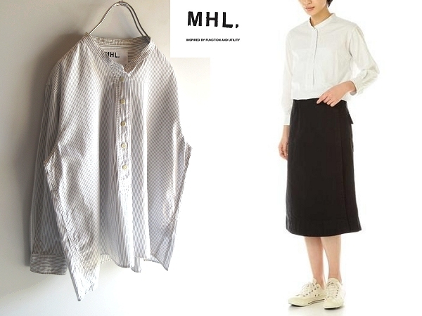 ネコポス対応 MHL. マーガレットハウエル 2019SS GRAPHIC COTTON STRIPE ストライプ コットン カラーレスシャツ ノーカラーブラウス 2 白