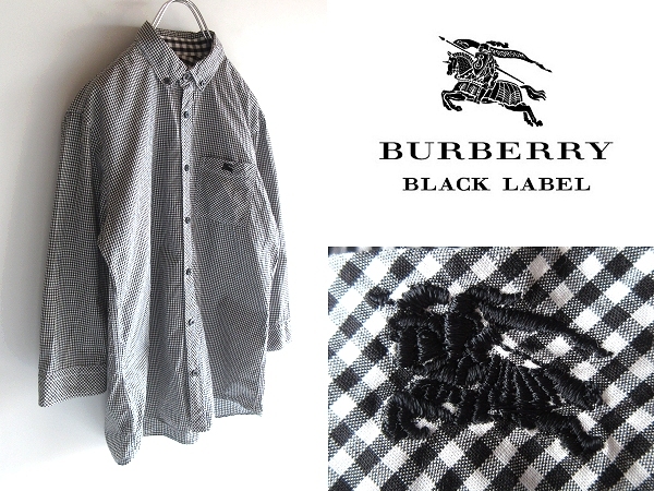 希少 BURBERRY BLACK LABEL バーバリーブラックレーベル ホースロゴ刺繍 七分袖 切替 ギンガムチェック BDシャツ 2 ブラック ホワイト 白黒_画像1