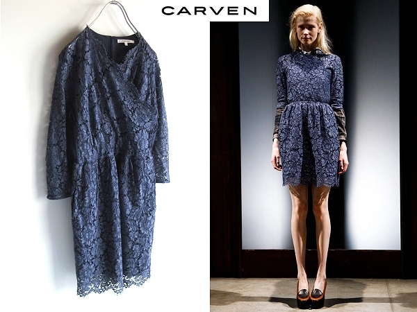 LOOK使用 CARVEN カルヴェン カットワーク フラワーレース バックジップ ワンピース ドレス 38 紺 ハンガリー製 定価13万円程 国内正規品_画像1