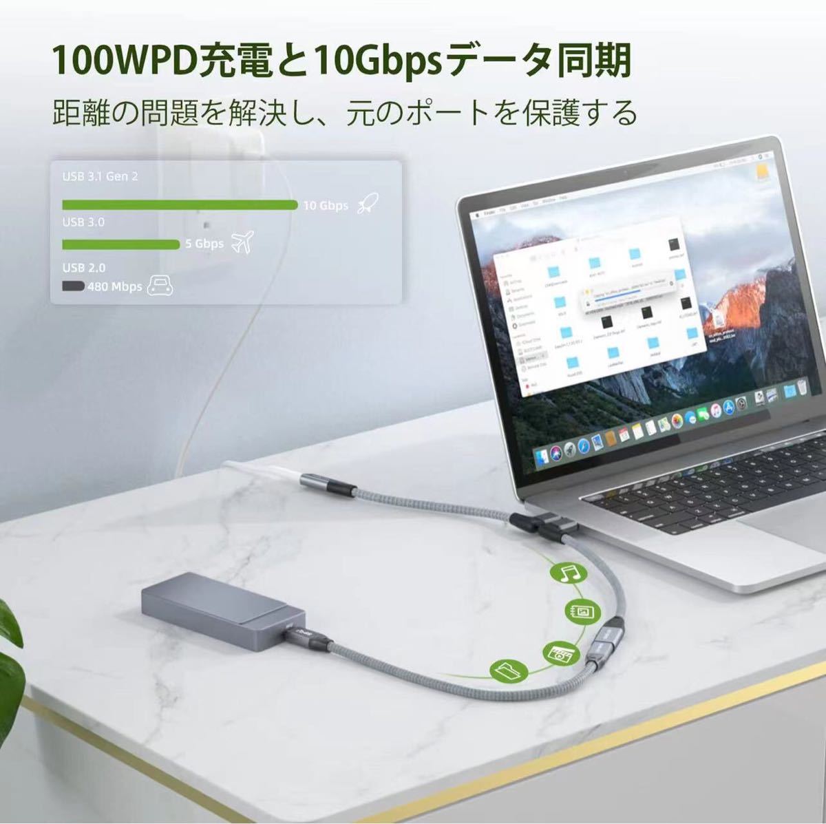 USB type C 延長ケーブル 1M 10Gbps PD 100W