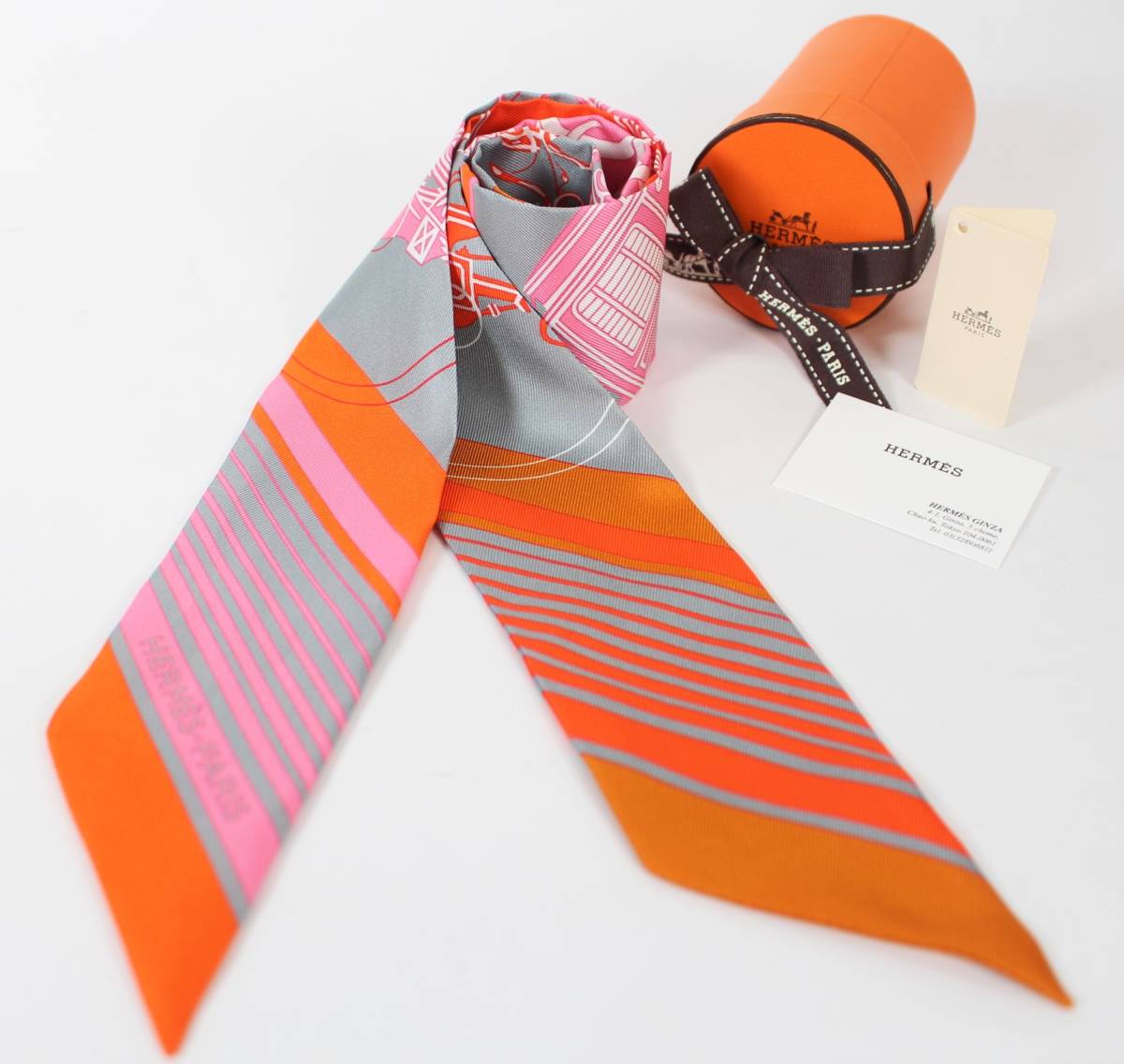 ◎Y5202＃◆未使用品◆エルメス スカーフ ツイリー シルク100％ フランス製 オレンジ X グレー X ピンク