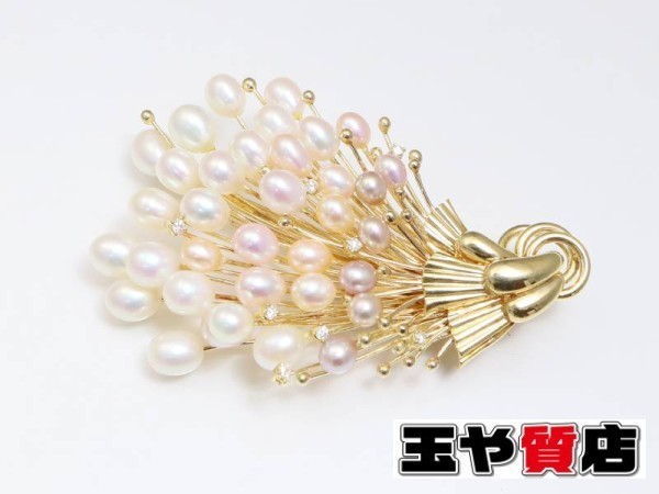 淡水パール 新品同様 ダイヤ0.20ct 花 K18 ブローチ兼ペンダント