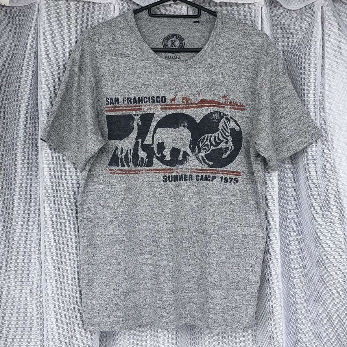 杢グレー×ネイビー★空 KU USA / かすれプリント 半袖Tシャツ M★ZOO SUMMER CAMP/ショートスリーブ/ポリエステル レーヨン 綿/美品_画像1