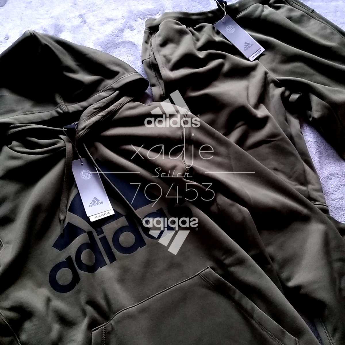 新品 正規品 adidas アディダス 上下セット スウェット パーカー パンツ セットアップ カーキ 黒 ロゴ プリント 裏起毛 O ( XL )_画像2