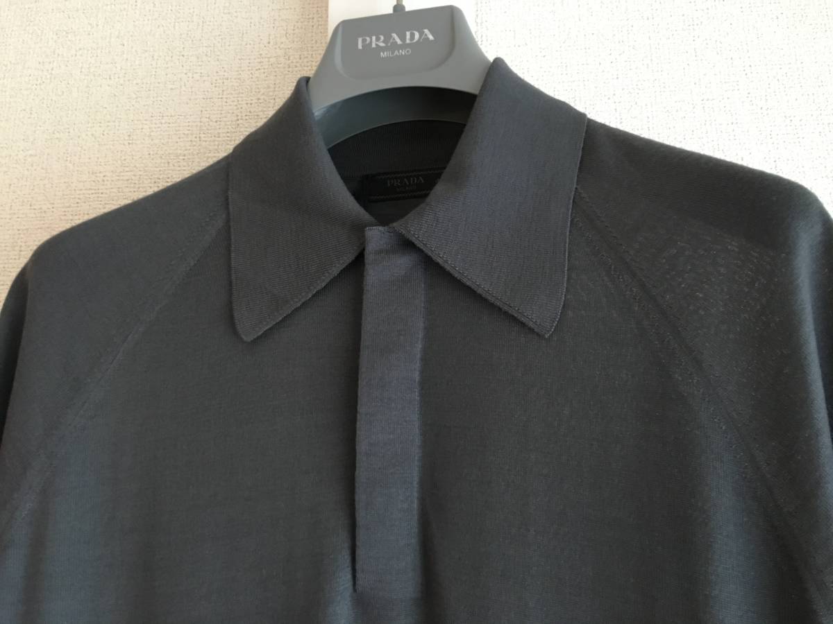 新品 プラダ 最高級 ヴァージンウール シルク 半袖 ニット 46 PRADA セーター イタリア製 グレー ポロ ポロシャツ_画像2