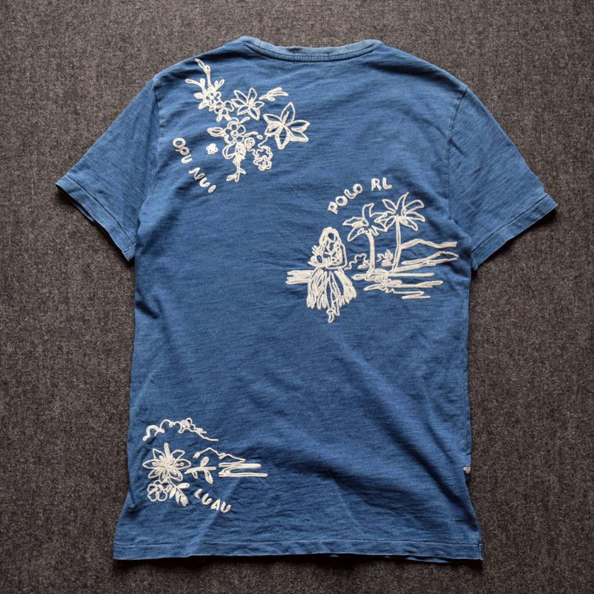 メンズS レア! ポロラルフローレン ウォッシュ加工 インディゴ染 ブルー ハワイ アロハ 刺繍 半そで Tシャツ 青 ビンテージ RRL 古着