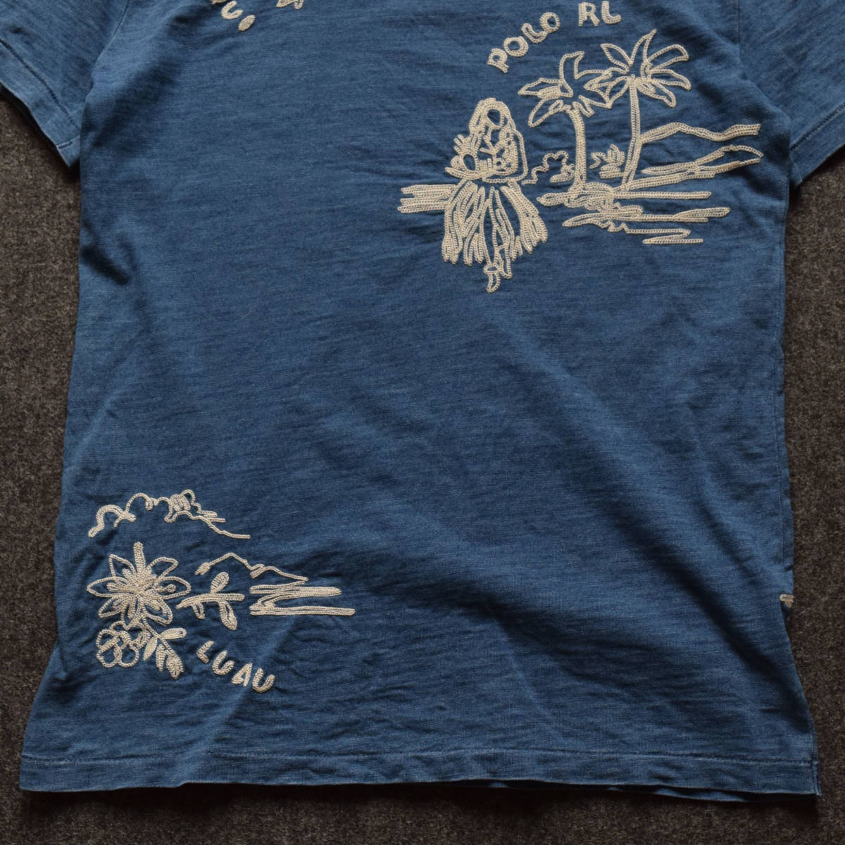 メンズS レア！ ポロラルフローレン ウォッシュ加工 インディゴ染 ブルー ハワイ アロハ 刺繍 半そで Tシャツ 青 ビンテージ RRL 古着