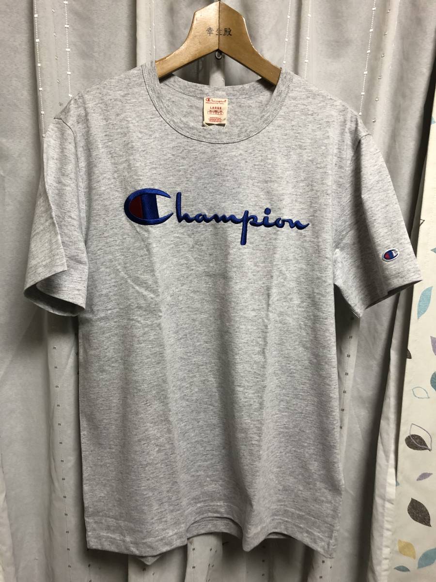 新品 Champion Large Logo Crewneck SS T-Shirt Grey US L 海外規格 チャンピオン 刺繍 tシャツ reverse weave tee_画像1