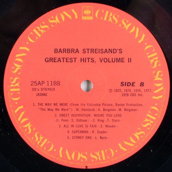 ■バーブラ・ストライザンド(Barbra Streisand)｜グレーテスト・ヒット VOLUME 2 ＜LP 1978年 帯付き・日本盤＞の画像8