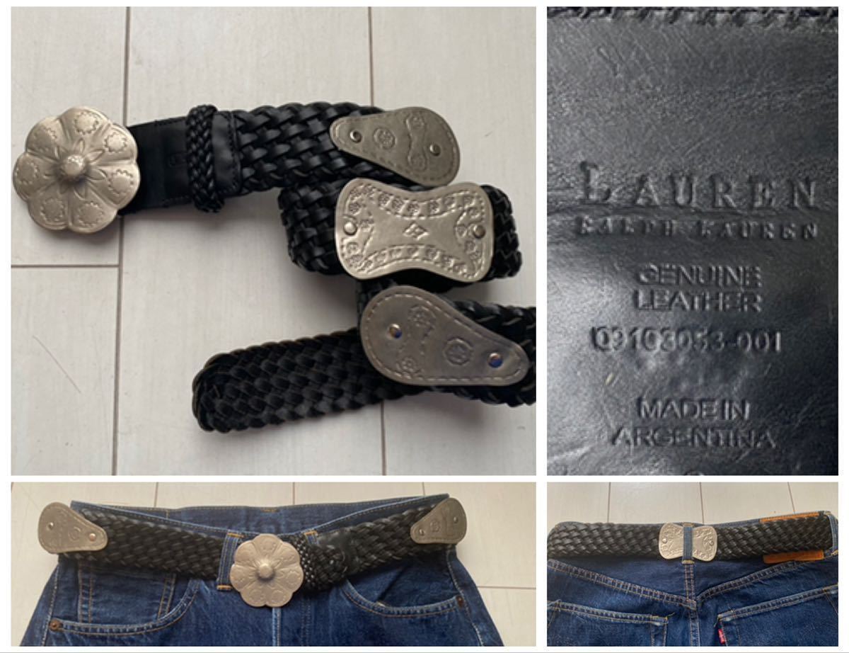 送料無料 美品 90s アルゼンチン製 VINTAGE ラルフローレン NATIVE ネイティブ コンチョ レザー 本革 BELT ベルト black ブラック 黒 rrl_画像1