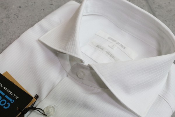 新品 コムサメン 春夏 クールマックス 形態安定 シャドーストライプ 半袖ドレスシャツS白/定価1.2万円/COMME CA MEN_画像3