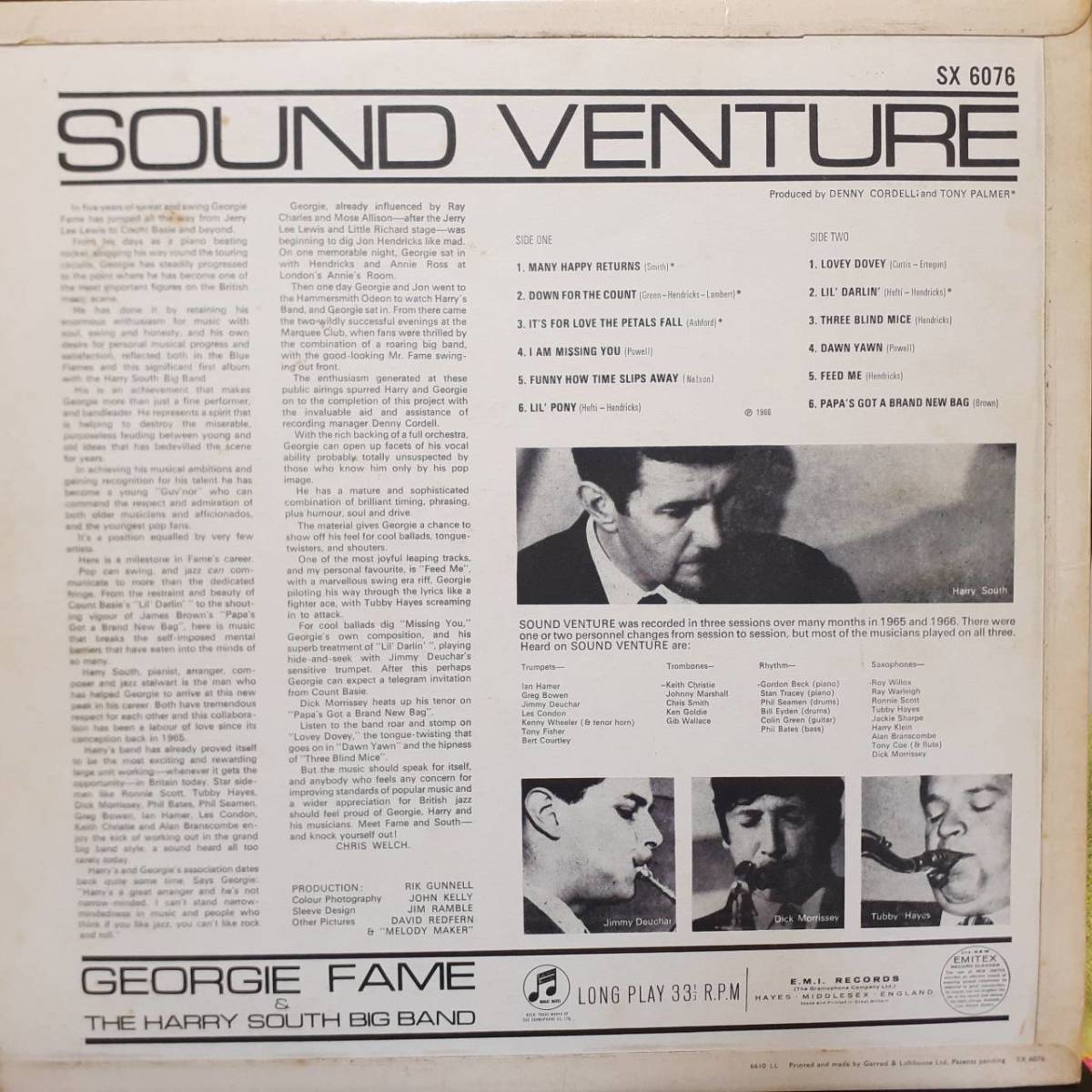 英COLUMBIAオリジ 青文字ラベルMONO！Georgie Fame / Sound Venture 1966年 SX6076 マト枝両面1 Tubby Hayes, Dick Morrissey, Harry South_画像4