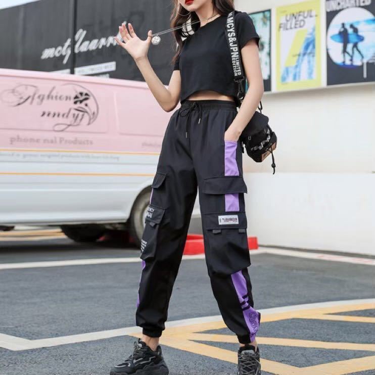 ユニセックス カーゴパンツ ポケット付き 韓国 ストリート オルチャン パープル