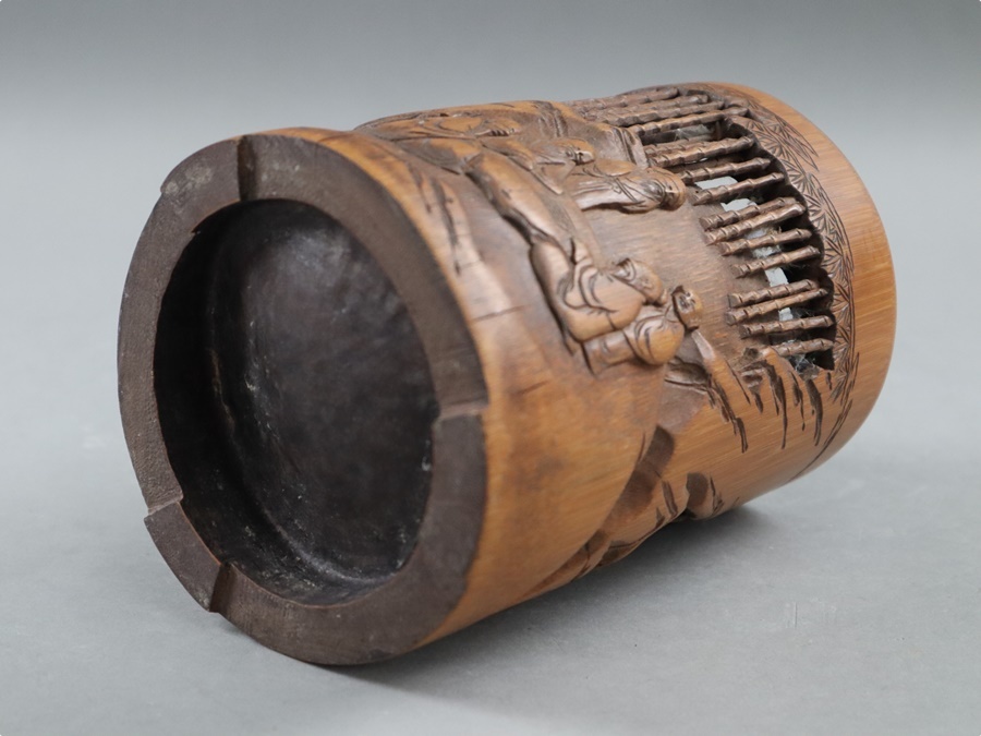 中国古玩 唐物 古竹 在銘 竹林彫刻 筆筒 古作 時代物 細密細工 古美術