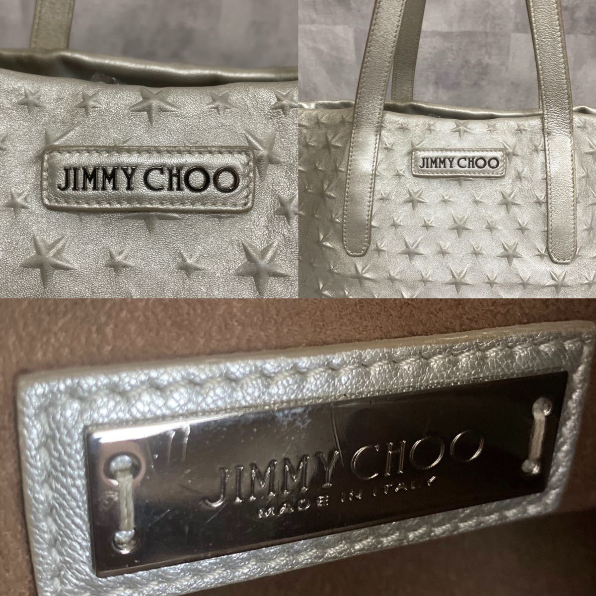 JIMMY CHOO ジミーチュウ 定価158,000円 MINI SARA ミニサラ ハンドバッグ トートバッグ ショルダー レザー シルバー エンボススタッズ
