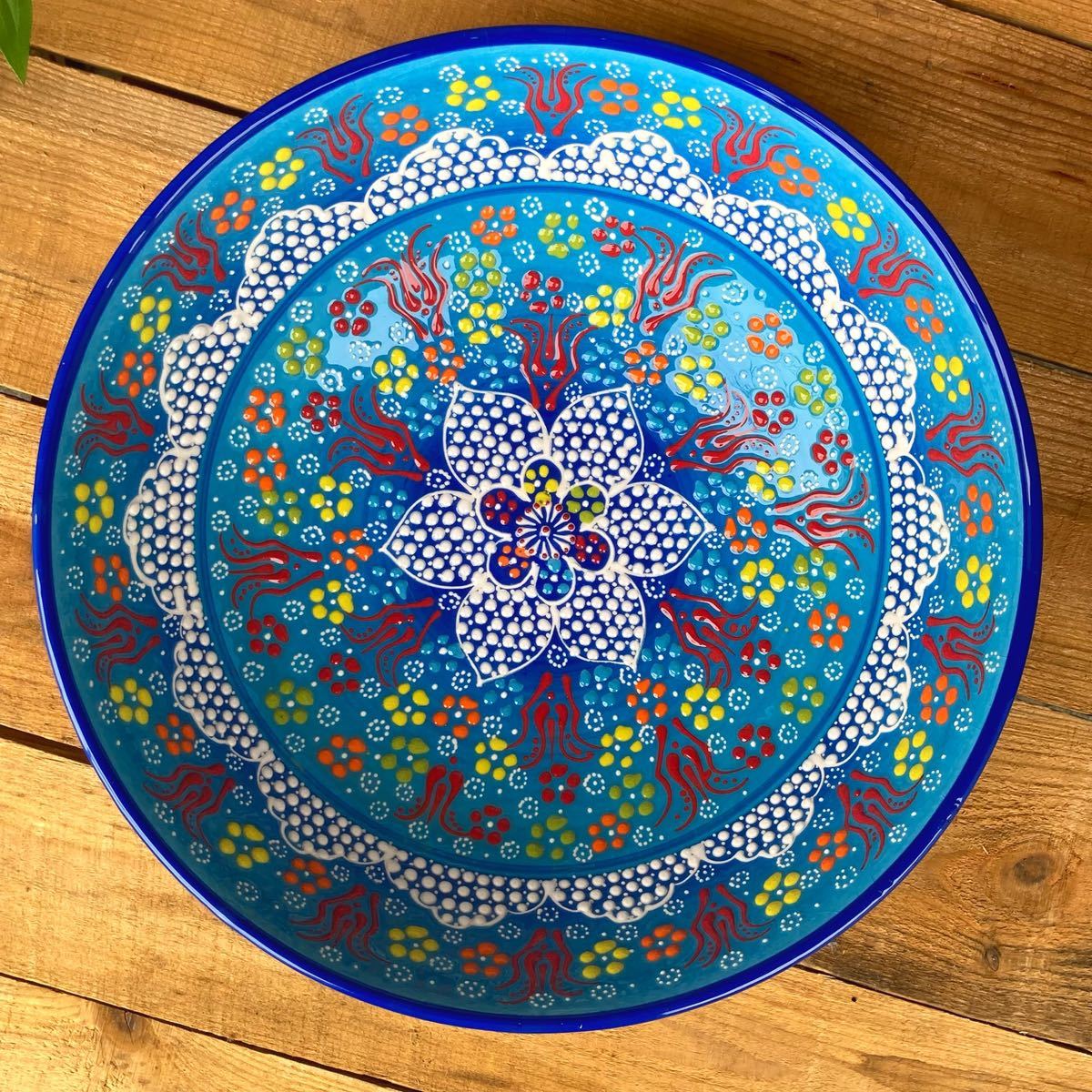 31.5cm* new goods * Turkey ceramics extra-large size bowl * blue * hand made kyu tough ya ceramics [ conditions attaching free shipping ]