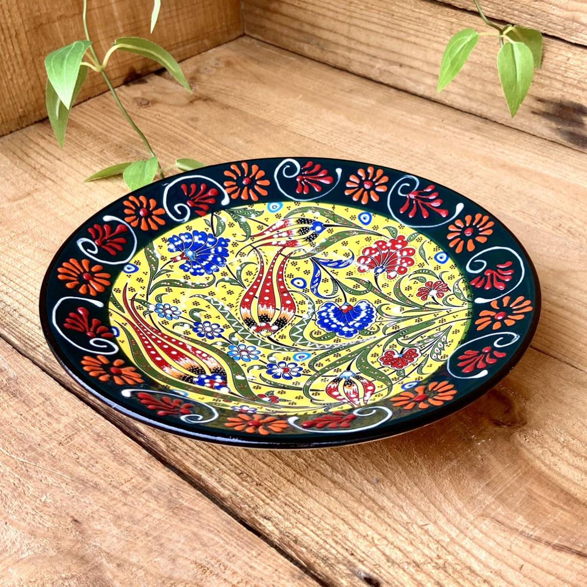 19cm* new goods * Turkey ceramics medium-sized dish ornament * green yellow * hand made kyu tough ya ceramics [ conditions attaching free shipping ]073