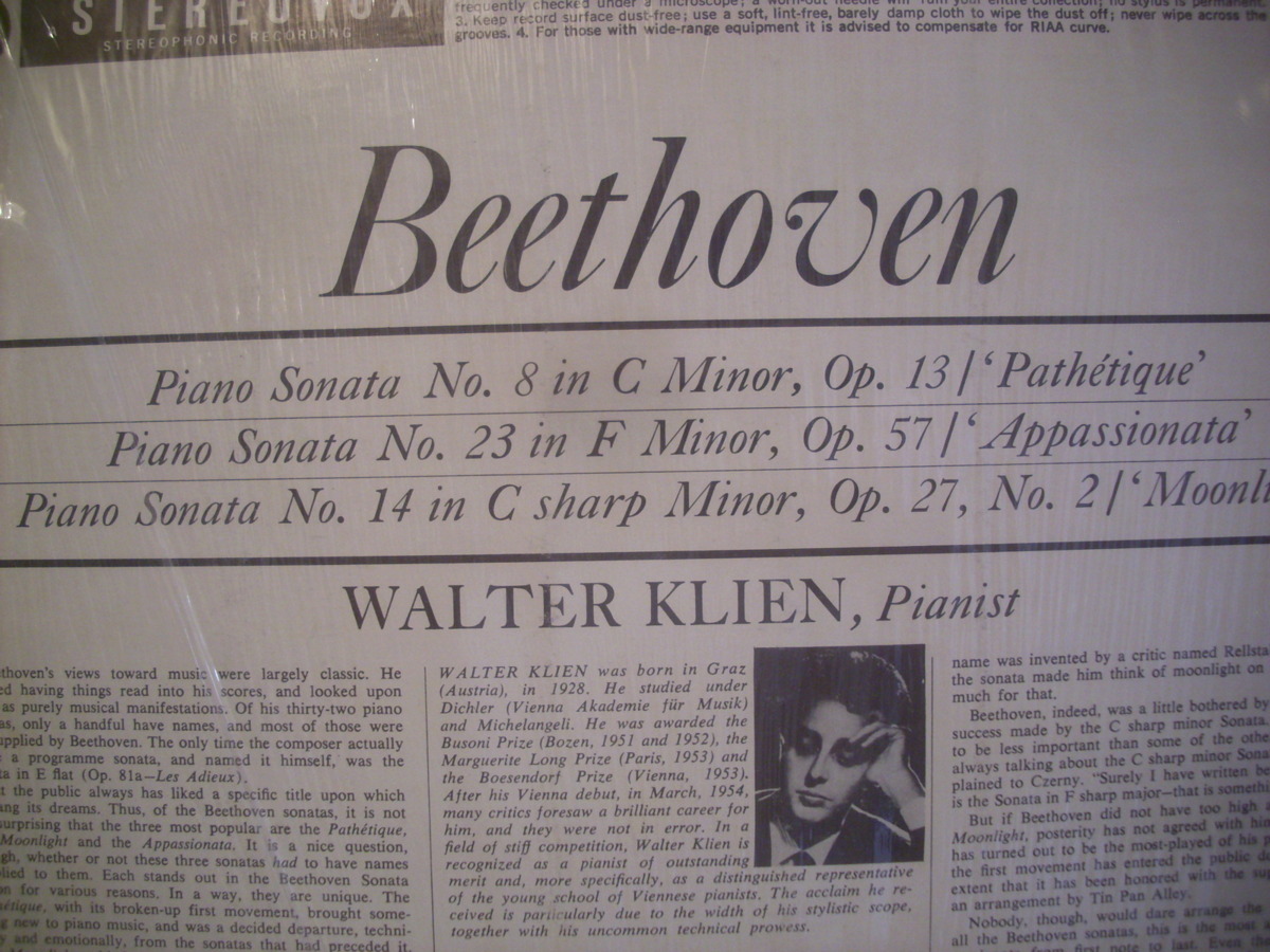 ●LP　WALTER KLIEN / BEETHOVEN SONATAS PATHETIQUE MOONLIGHT クリーン ベートーヴェン 悲愴 月光 ルディヴァンゲルダー ◇r210805_画像3