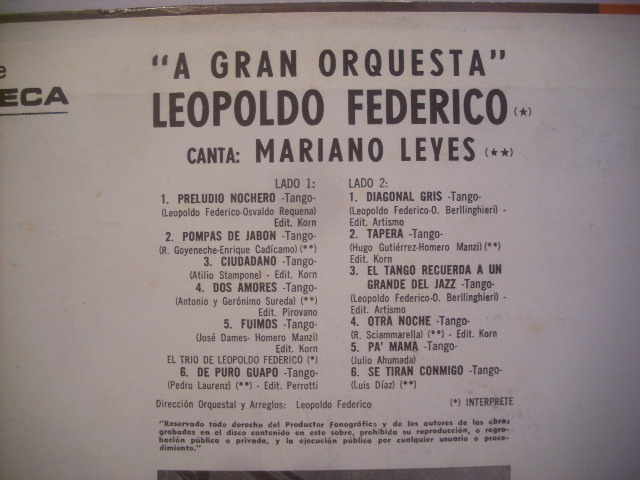 ●LP　LEOPOLD FEDERICO / A GRAN ORQUESTA CANTA MARIANO LEYES レオポルド・フェデリコ アルゼンチン タンゴ ◇r210917_画像3