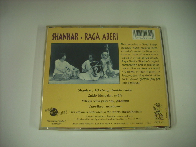 ■CD　SHANKAR with ZAKIR HUSSAIN & VIKKU VINAYAKRAM / RAGA ABERI シャンカール US盤 MUSIC OF THE WORLD CDT-131 ◇r3924_画像2