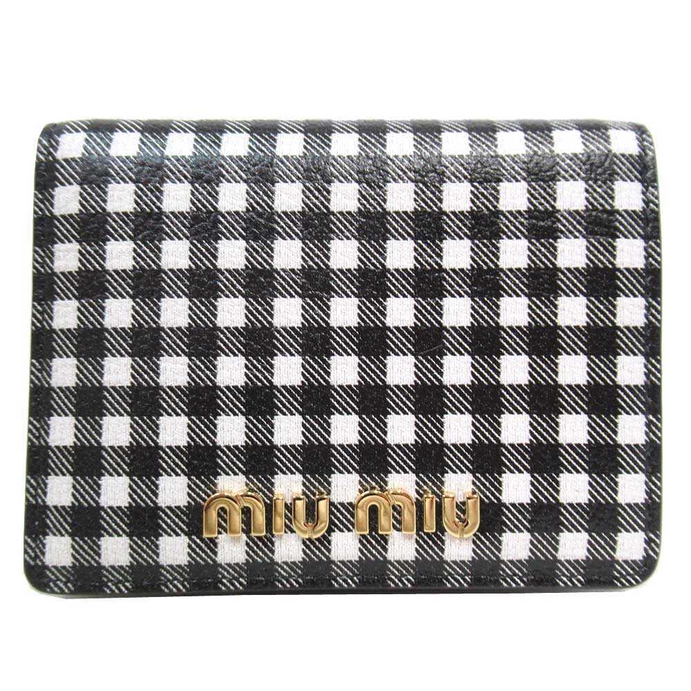玄関先迄納品 ミュウミュウ 二つ折り財布(小銭入れあり) MIU MIU レディース 5MV204 NERO+BIANCO(ブラック×ホワイト系) レザー チェック柄 MADRAS VICHY 女性用財布
