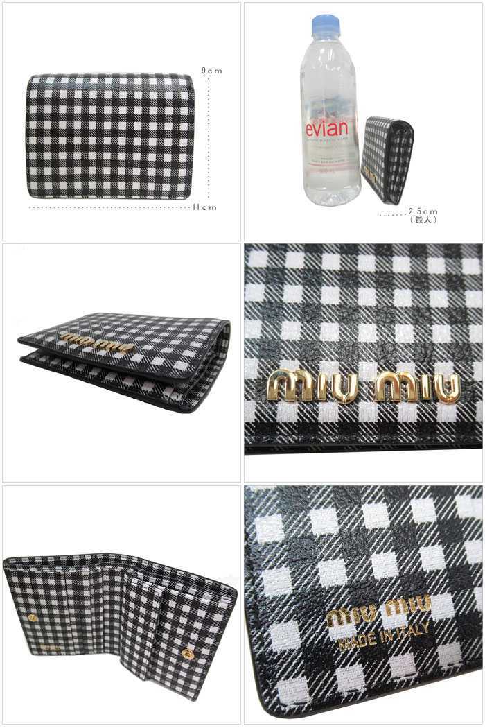 ミュウミュウ 二つ折り財布(小銭入れあり) MIU MIU レディース 5MV204 NERO+BIANCO(ブラック×ホワイト系) レザー チェック柄 MADRAS VICHY_画像2