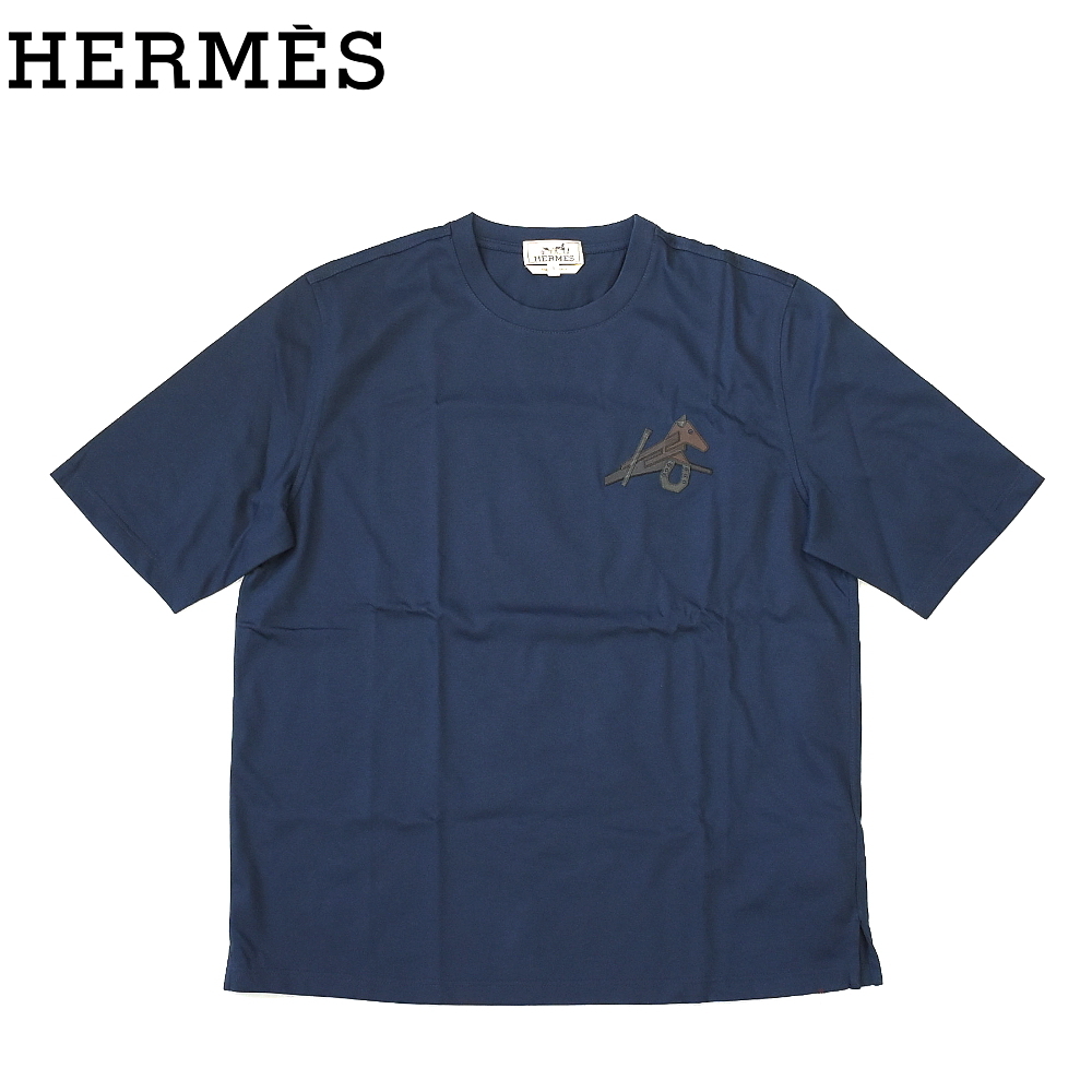 新品 タグ付き HERMES エルメス レザーパッチ メンズ 半袖 Tシャツ Sサイズ ネイビー
