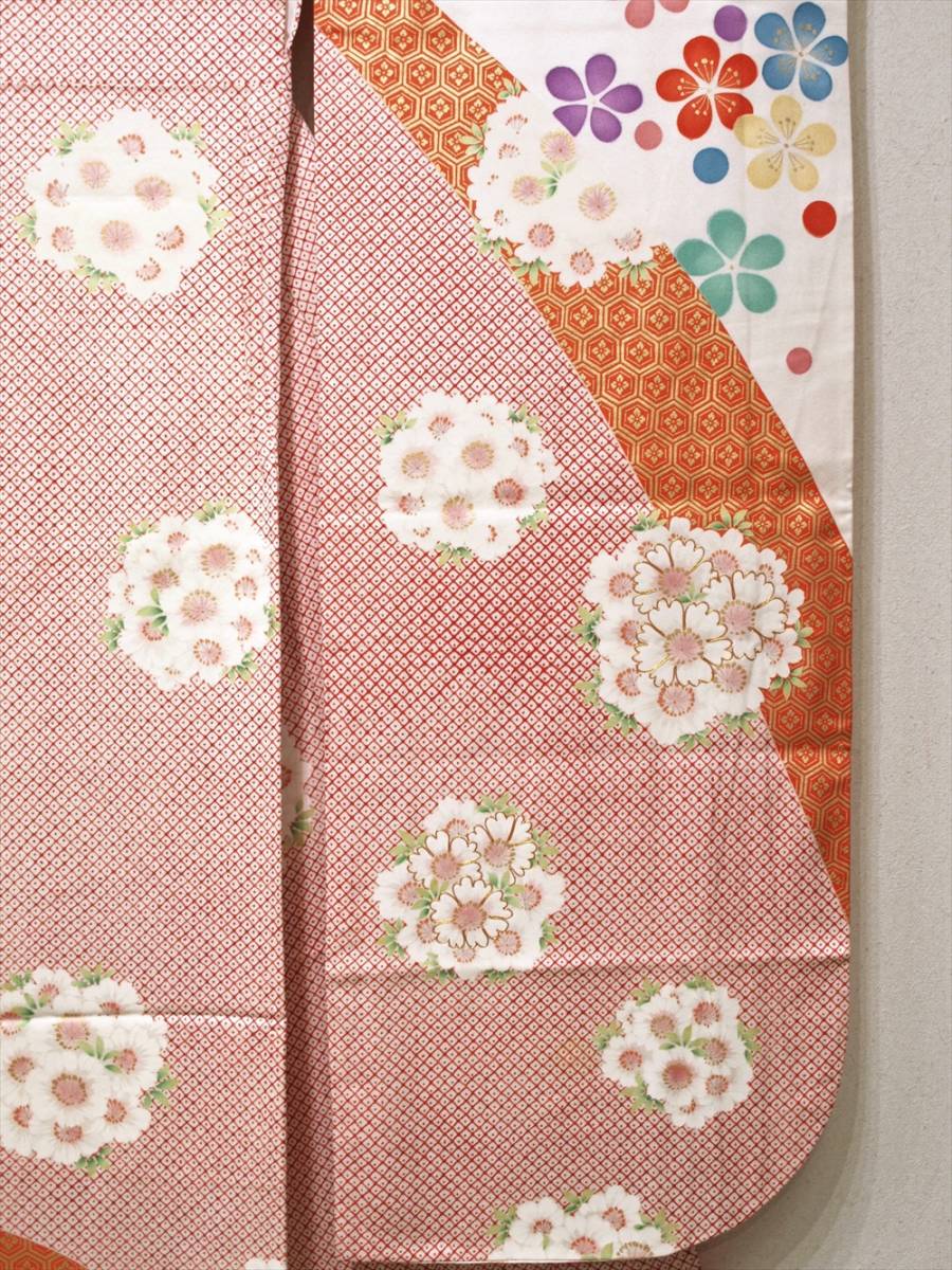 花とら●リサイクル着物 振袖 桜 梅 鹿の子 薬玉 源氏車 可愛い 白地 カラフル 十三参りにも 220519_画像3