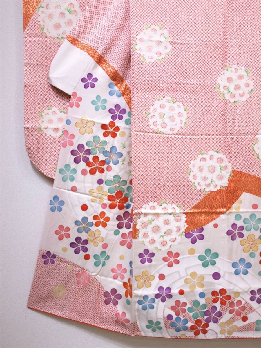 花とら●リサイクル着物 振袖 桜 梅 鹿の子 薬玉 源氏車 可愛い 白地 カラフル 十三参りにも 220519_画像2