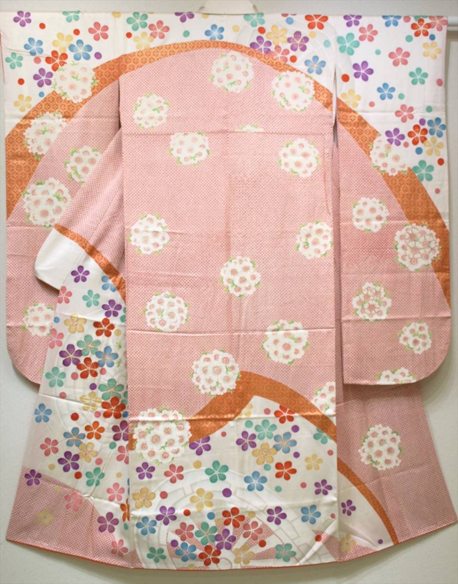 花とら●リサイクル着物 振袖 桜 梅 鹿の子 薬玉 源氏車 可愛い 白地 カラフル 十三参りにも 220519_画像1