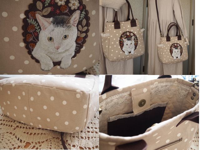 ●ハンドメイド・手刺繍3WAYバッグ　前髪猫手刺繍　水玉帆布と猫