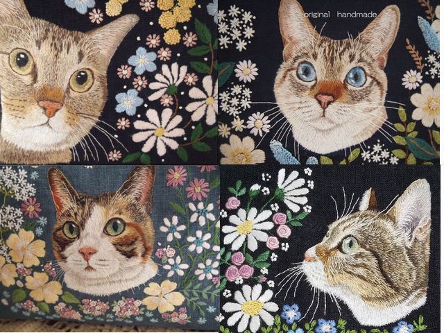 ●ハンドメイド・手刺繍3WAYバッグ　前髪猫手刺繍　水玉帆布と猫