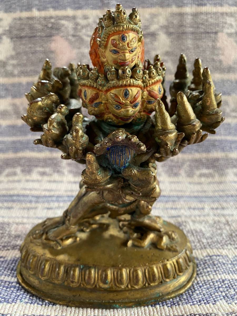 チベット仏教美術 金銅彩色立像 密集金剛歓喜仏 金銅仏 鍍金仏 時代物 古銅 収蔵品