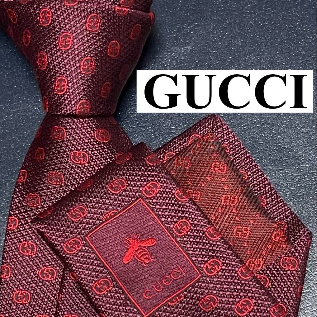 未使用 ネクタイ 現行タグ GUCCI グッチ シルク100% GG柄 シェリー