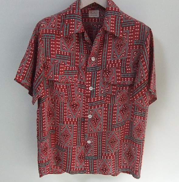 VINTAGE 40s 50s Tru Val rayon print shirt box shirt short sleeves shirt S size Vintage rockabilly America old clothes with defect 