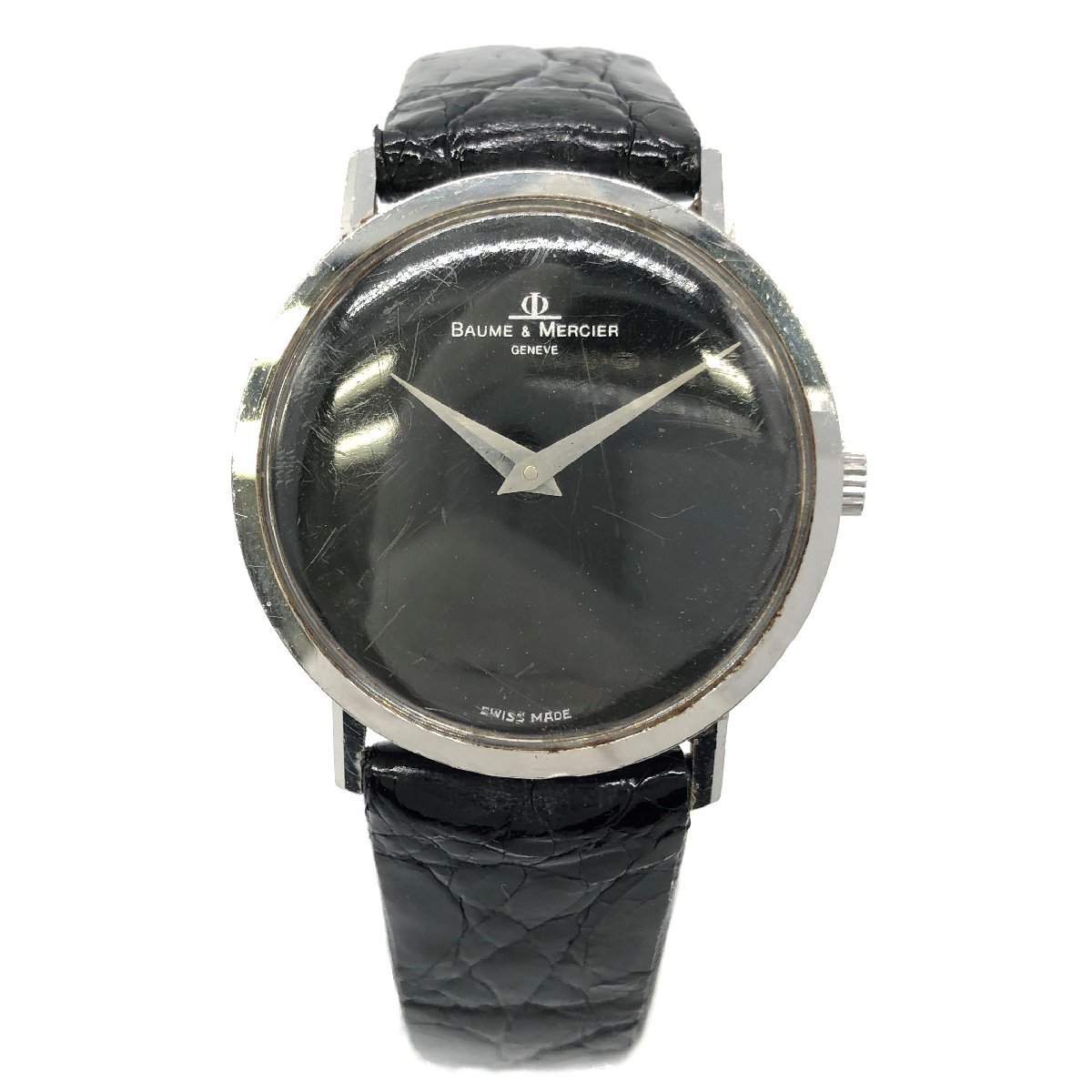 稼働品 BAUME&MERCIER ボーム＆メルシエ 腕時計 メンズ 手巻き ブラック シルバー 黒 革ベルト 27.5g