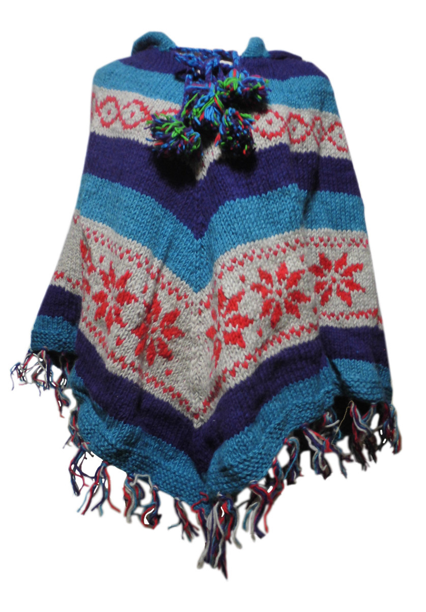 本物の □☆アジアン衣料 ネパール手編みフード付きポンチョ（WP-48
