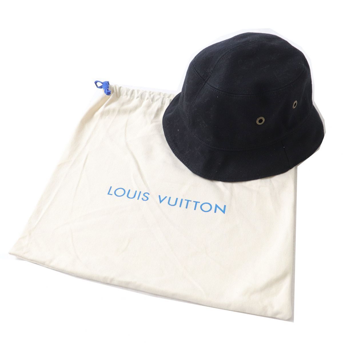 極美品△LOUIS VUITTON ルイヴィトン シャポー モノグラム デニム リバーシブルハット バケットハット 帽子 ブラック/イエロー 仏製 袋付き_画像2