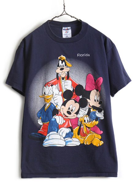 90s USA製 ■ ディズニー オフィシャル ミッキーマウス プリント 半袖 Tシャツ ( メンズ レディース M ) 古着 90年代 プリントT キャラT 紺