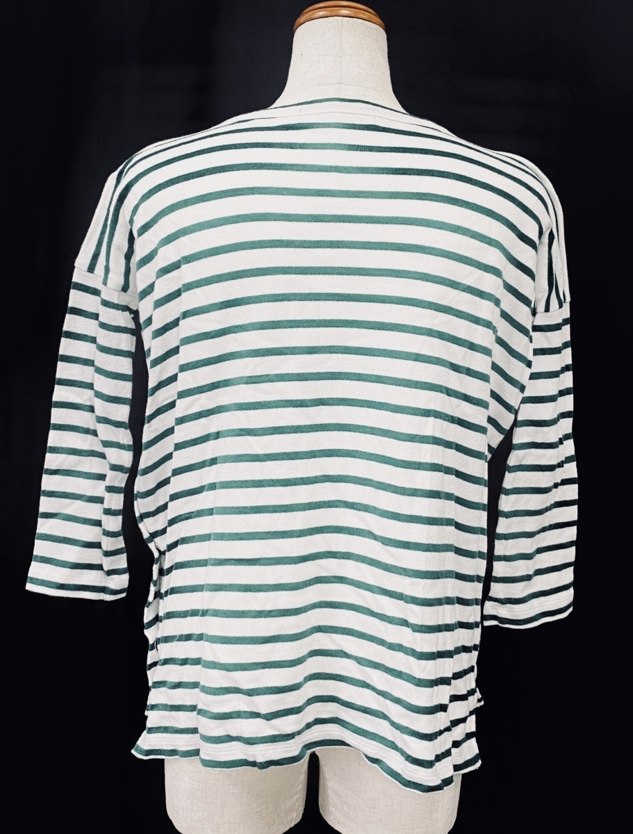 美品 SACRA サクラ トップス カットソー Tシャツ ロンT プルオーバー 七分袖 ボーダー ホワイト 白 グリーン 緑 サイドスナップ 38_画像5