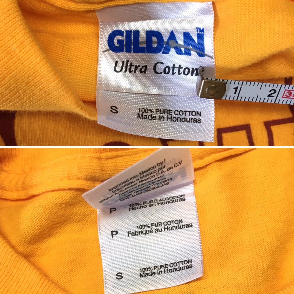 【アメリカ合衆国インポート物古着】GILDAN 長袖Tシャツ（メンズSサイズ・山吹色／濃い黄色）