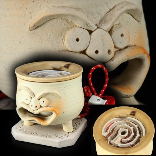 治】白泥 浮彫人面図電熱涼炉☆台付 煎茶道具 珍品 手捻 獣面 電熱 涼