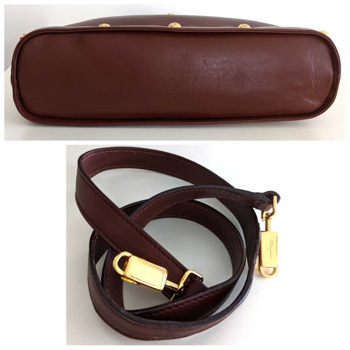 美品 Ferragamo フェラガモ ビンテージ 2way スタッズ レザー ショルダーバッグ トート ハンドバッグ 鞄 ブラウン 茶色 レディース メンズ 5