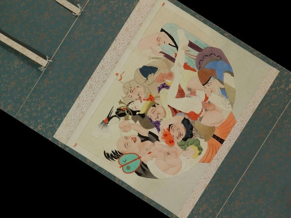 珍品【肉筆】春画【七福神枕絵図】◇絹本◇合箱◇掛軸 u03046 珍品【肉筆】春画【七福神枕絵図】◇絹本◇合箱◇掛軸 u03046