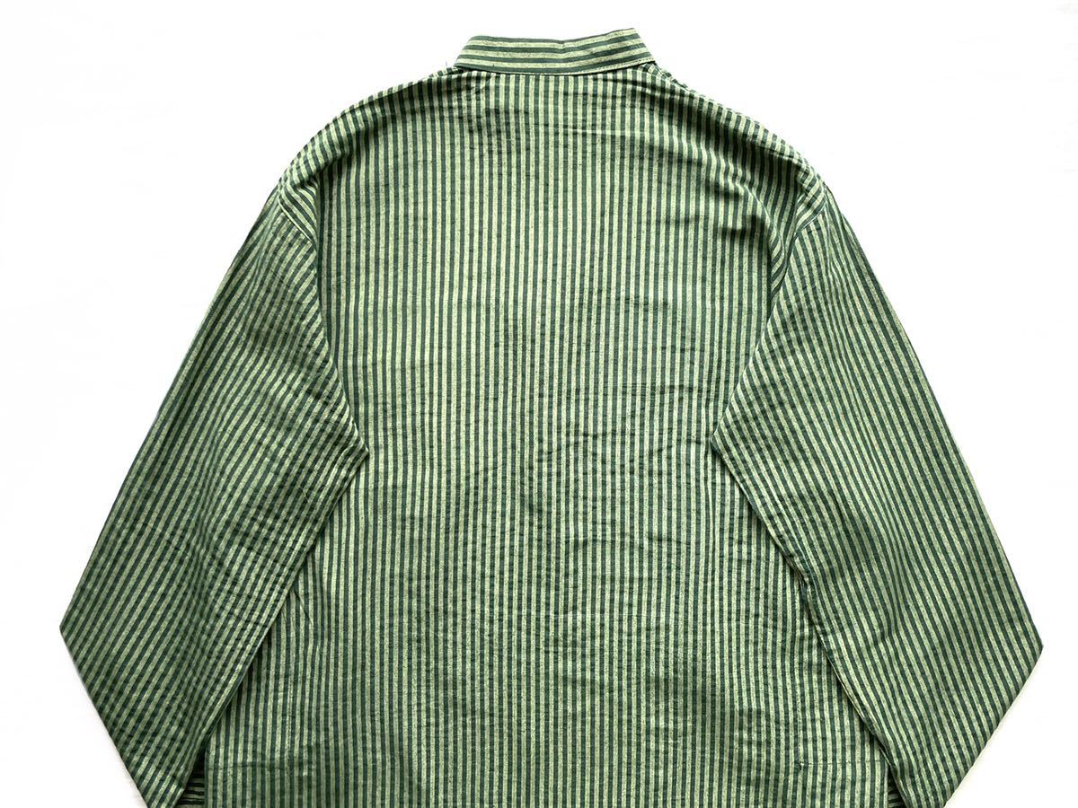 希少90sノーカラーストライプシャツジャケット カフタンシャツ緑 古着 