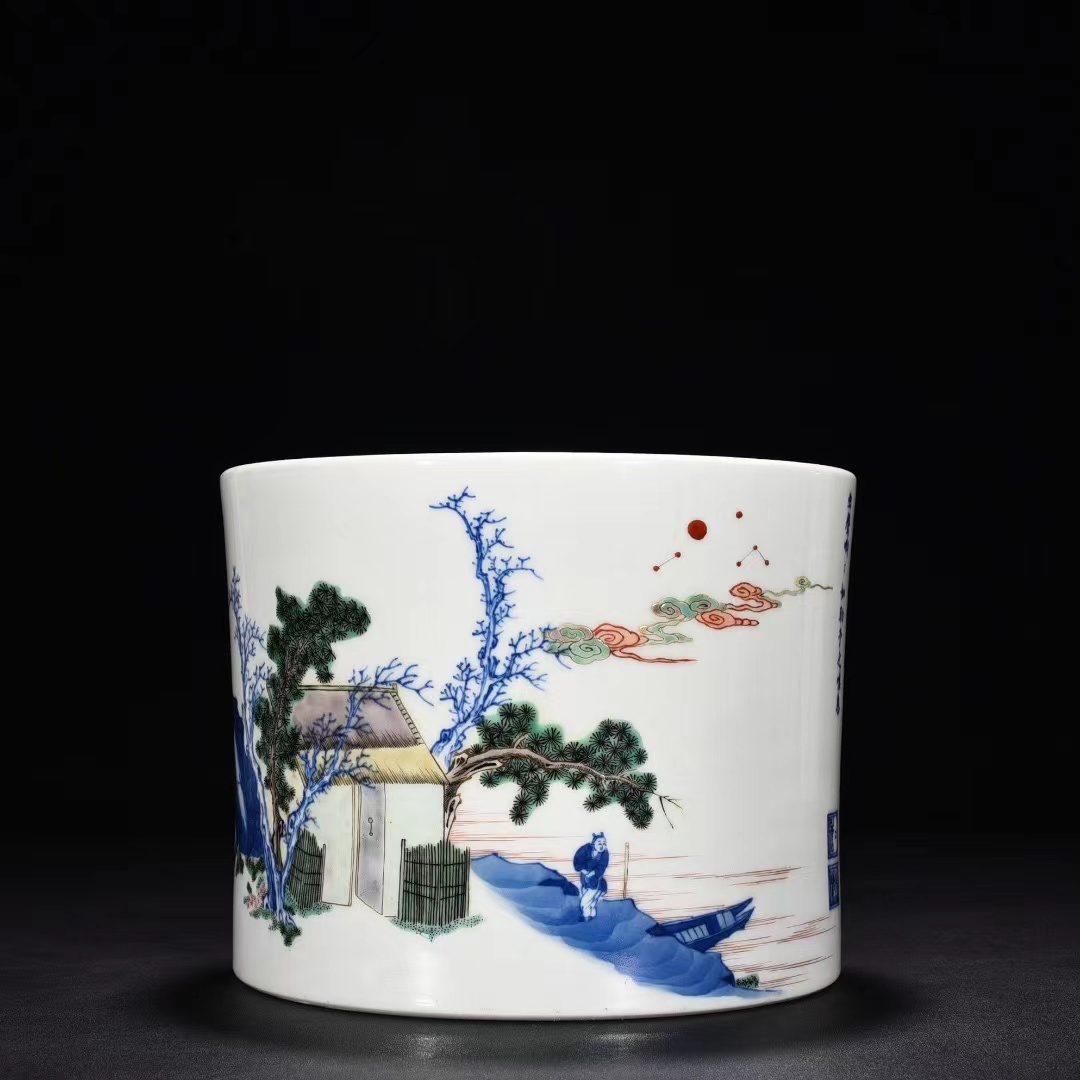 多寶屋】BF101□中国古美術陶磁器清康煕青花五彩の秋聲賦人物紋筆筒