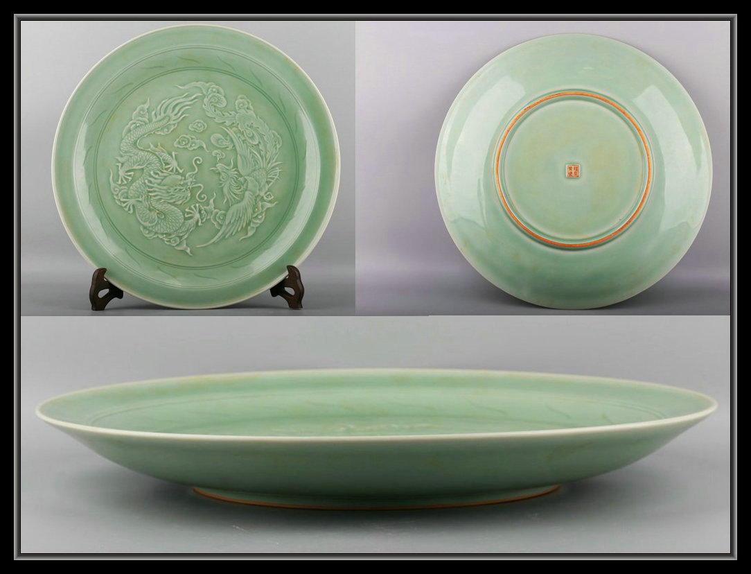 年末のプロモーション大特価! 多寶屋】XP4615□宋時代 龍泉窯 宋 - 極品□ 青磁大盤 龍鳳紋 宋