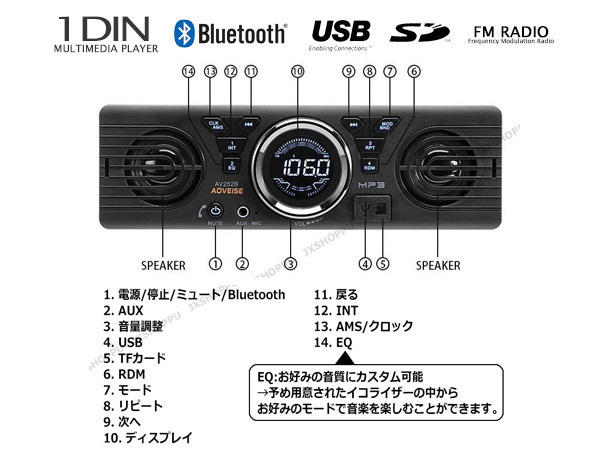 送料無料 [ワケあり] [新品] [限定] 箱破損 車載 1DIN マルチメディア プレーヤー Bluetooth スピーカー内蔵 日本仕様FMラジオ USB SD 12V_画像5