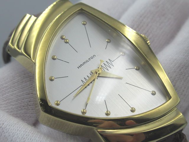 ◆中古 ハミルトン HAMILTON VENTURA ベンチュラ 6338 トライアングル クォーツ メンズ腕時計 ゴールド 純正ベルト SS ホワイト文字盤◆_画像1