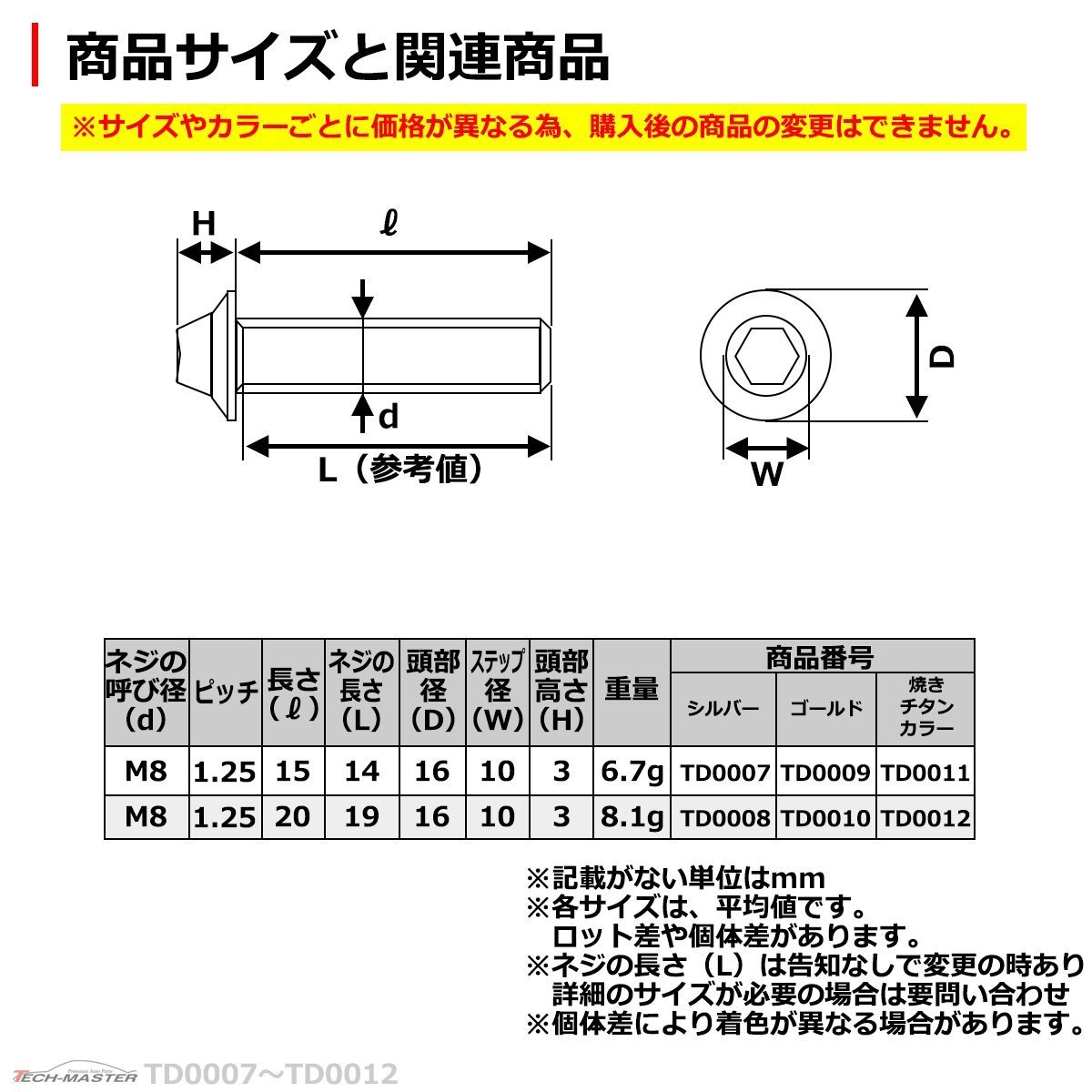 M8×15mm P1.25 ブレーキディスク ローターボルト ヤマハ用 ホールヘッド H-1 六角穴付きネジ 車/バイク シルバー 1個 TD0007_画像3